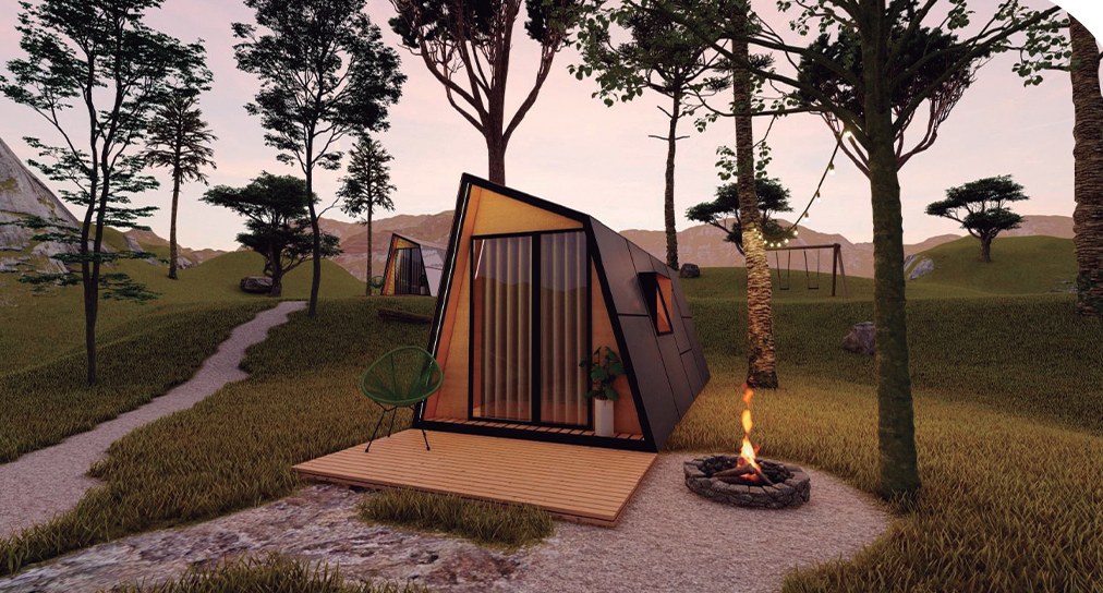 Cabana Genesis — módulo em aço estilo A-frame instalado em área verde