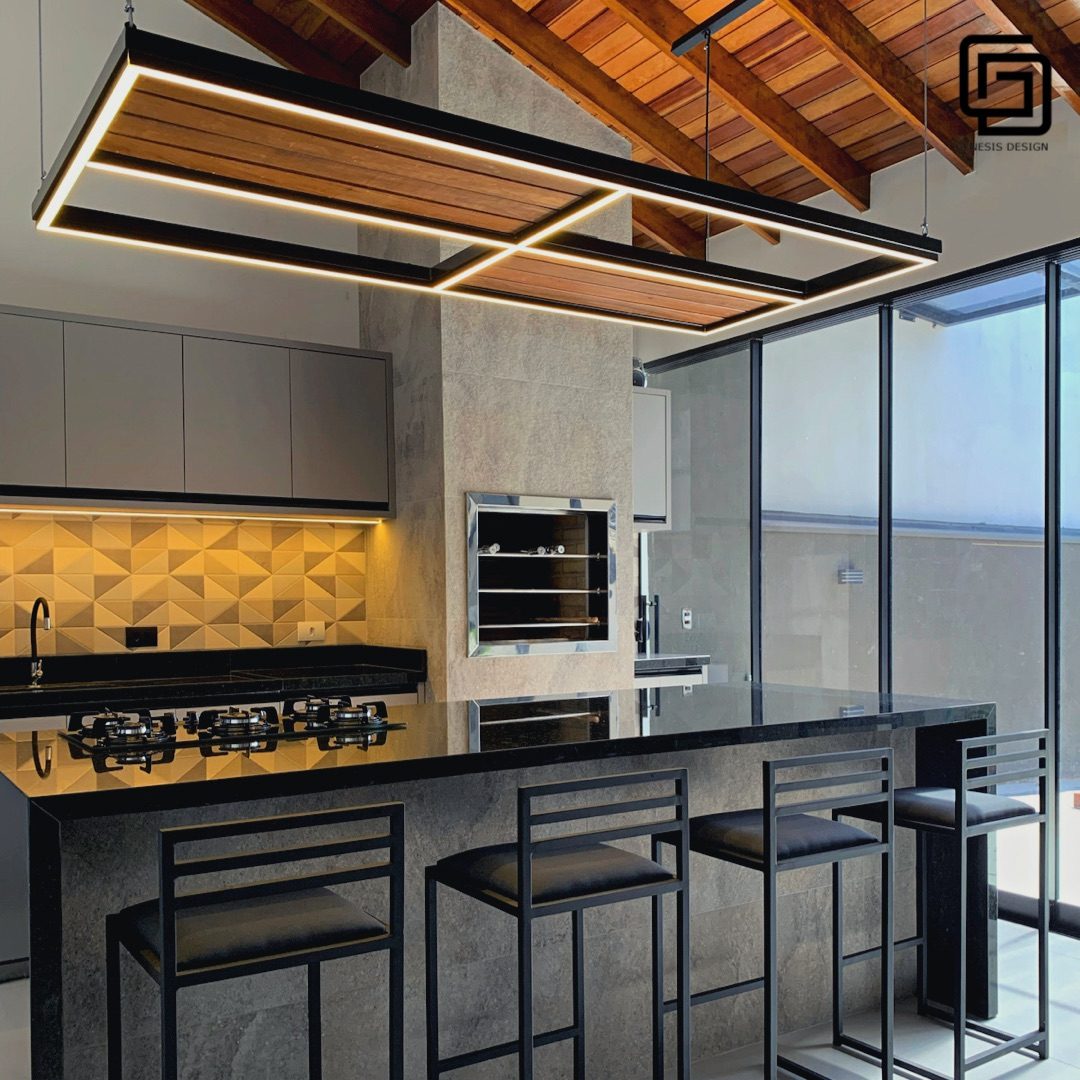 Serralheria Genesis Steel: luminária estrutural em aço e banquetas em cozinha gourmet